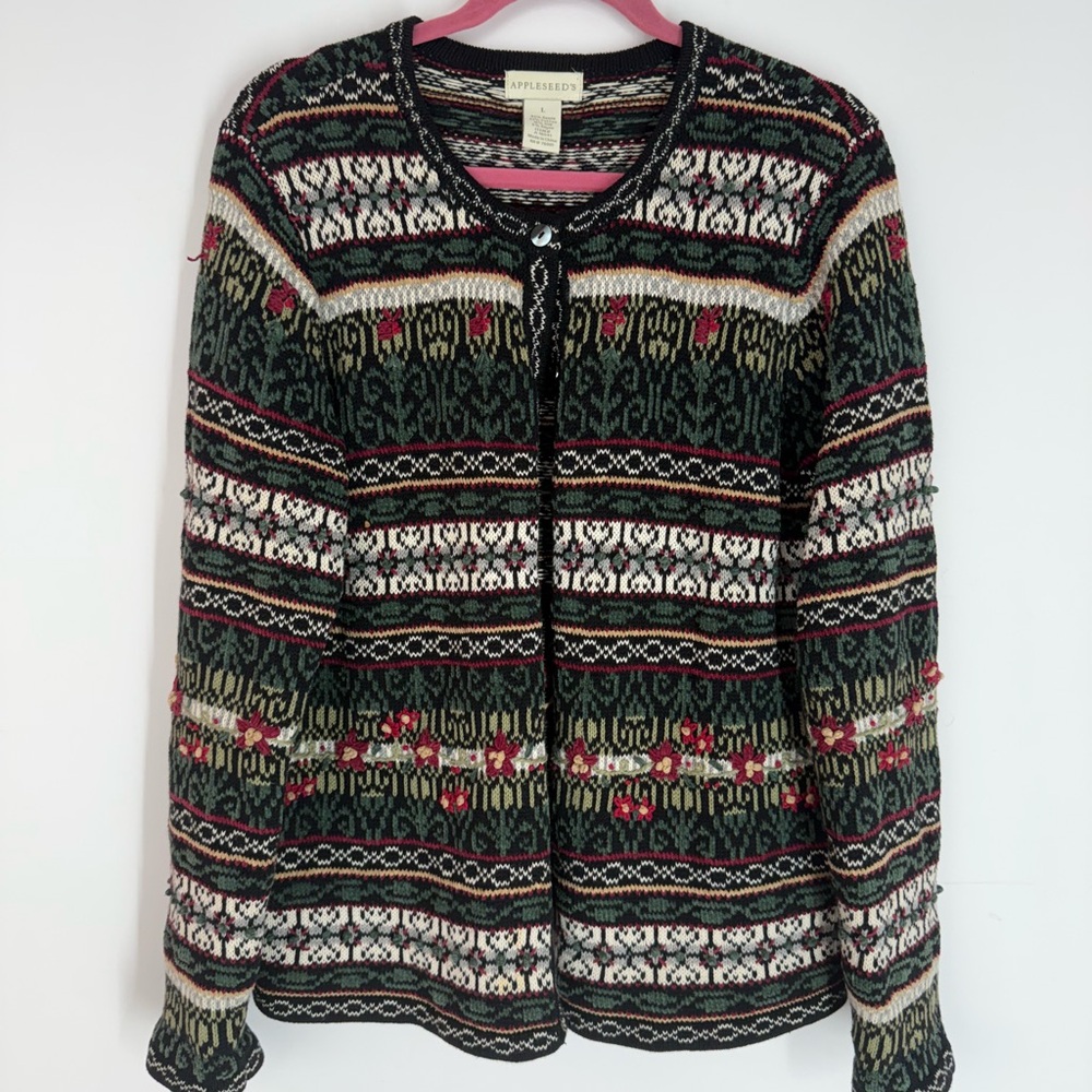 Vintage Appleseeds Sweater L Fair Isle Cottagecore Floral Holiday Soft